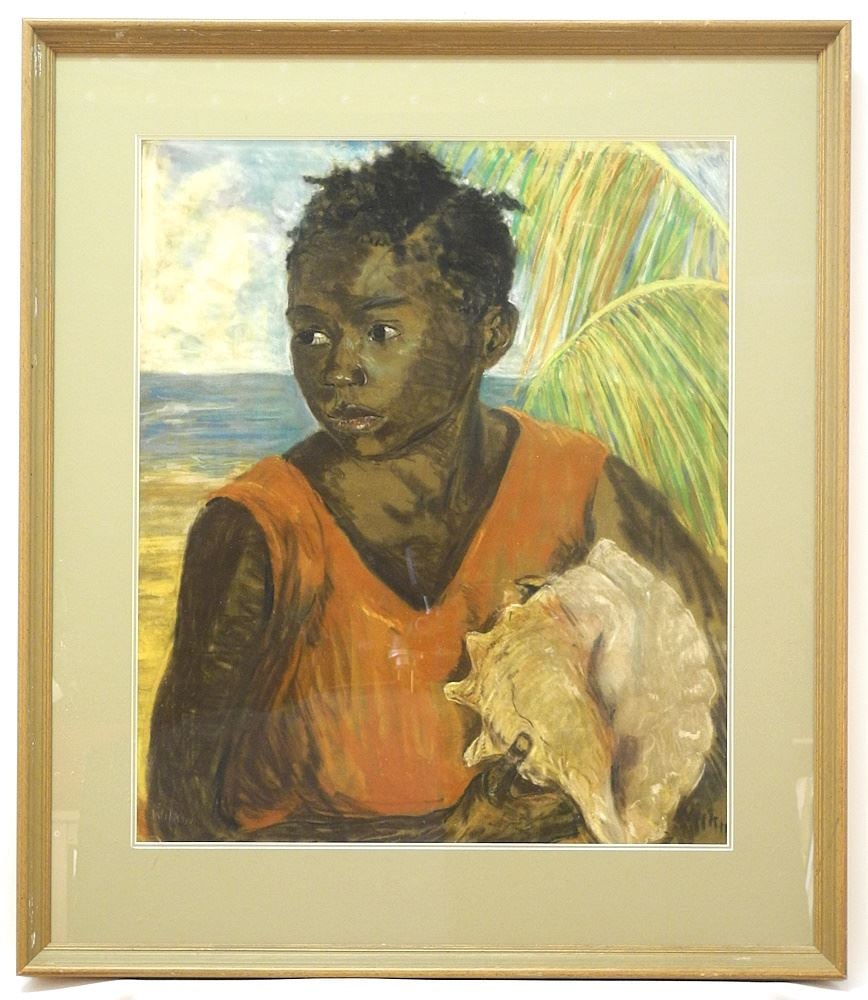 Pastel on Paper signed E. Wilkin, 23" x 19 1/4", "Child with Conch".: Pastel on Paper signed E. Wilkin, 23" x 19 1/4", "Child with Conch".