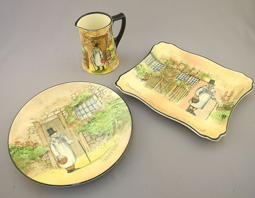 3 Royal Doulton "Gaffers" Series Ware Dishes, Pitcher 4 1/4"h.: 3 Royal Doulton "Gaffers" Series Ware Dishes, Pitcher 4 1/4"h.