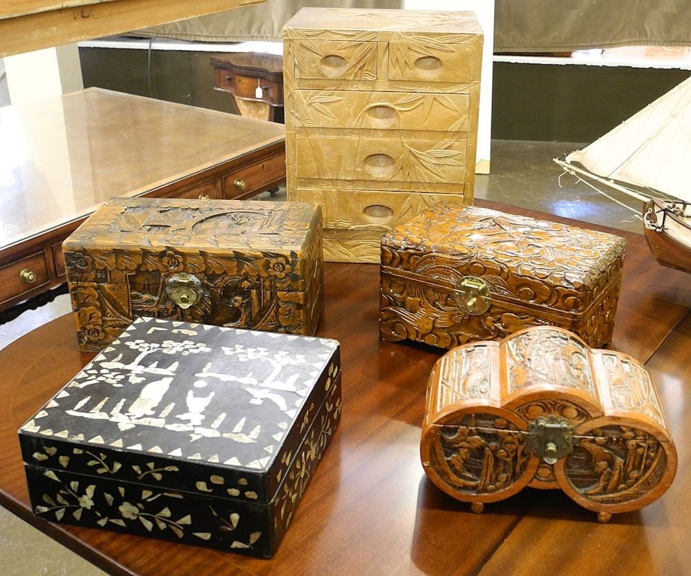 Collection of Asian Deep Carved Wood Boxes. (1 of 1)