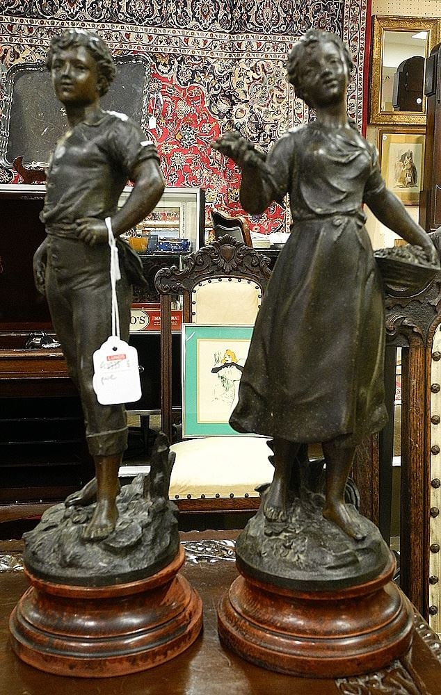Pair of Spelter Figures, Young Boy & Girl, 16 1/2"h.: Pair of Spelter Figures, Young Boy & Girl, 16 1/2"h.