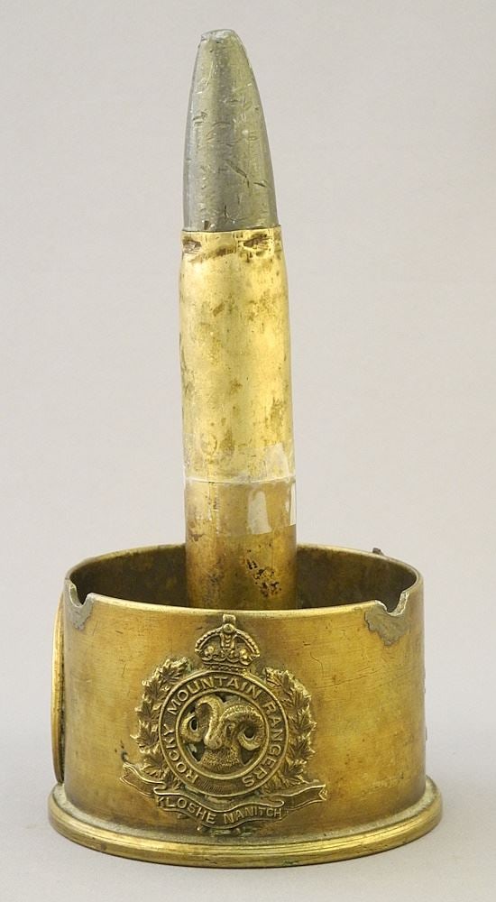 Trench Art Lighter with 3 Regimental Insignia, 7 1/8"h.: Trench Art Lighter with 3 Regimental Insignia, 7 1/8"h.
