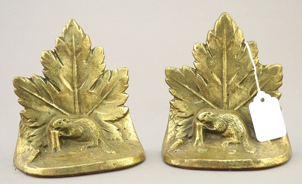 Pair of Brass "Maple Leaf & Beaver" Bookends, Marked Canada, 5 1/8"h. (1 of 2)
