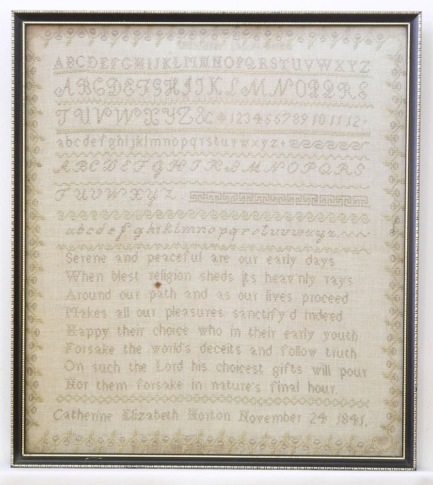 Needlework Sampler: Catherine Elizabeth Morton November 24, 1841, 15 1/8" x 13 1/2". (spot n (1 of 1)