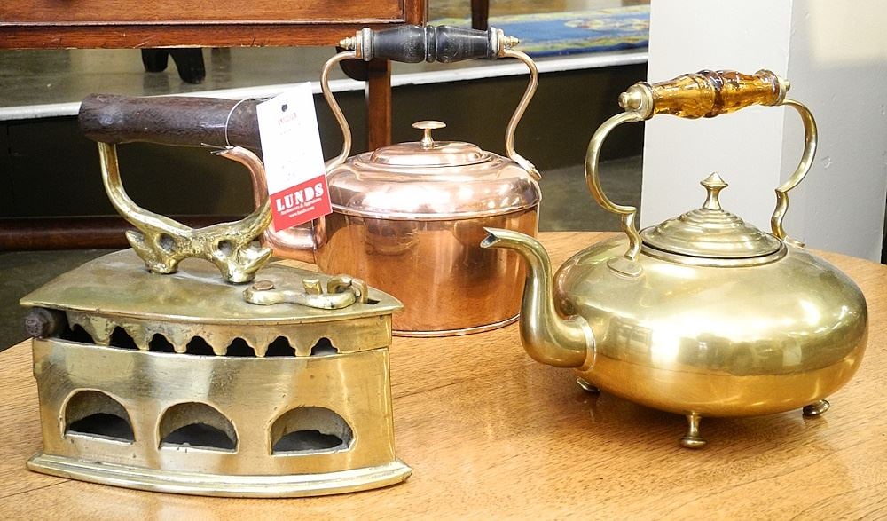 3 Pieces Brass & Copper: 2 Kettles & Iron.: 3 Pieces Brass & Copper: 2 Kettles & Iron.