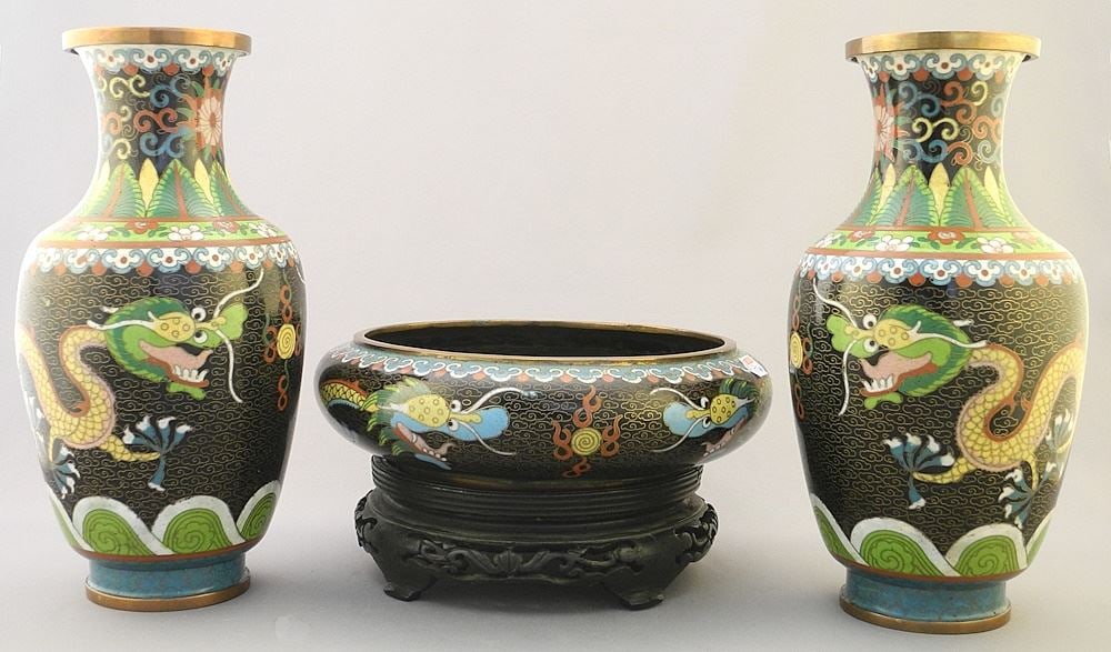 3 Piece Chinese Cloisonne Garniture, 9 1/8"h x 8" Diameter (dent noted). (1 of 3)