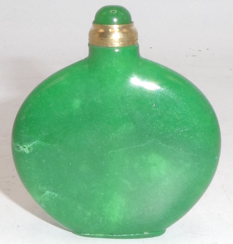 Spinach Jadeite Snuff Bottle, 2 1/2" / Calligraphy Jade Cup, 1 3/4" Diam. & Tibetan Dzi Bead Pendant (1 of 6)
