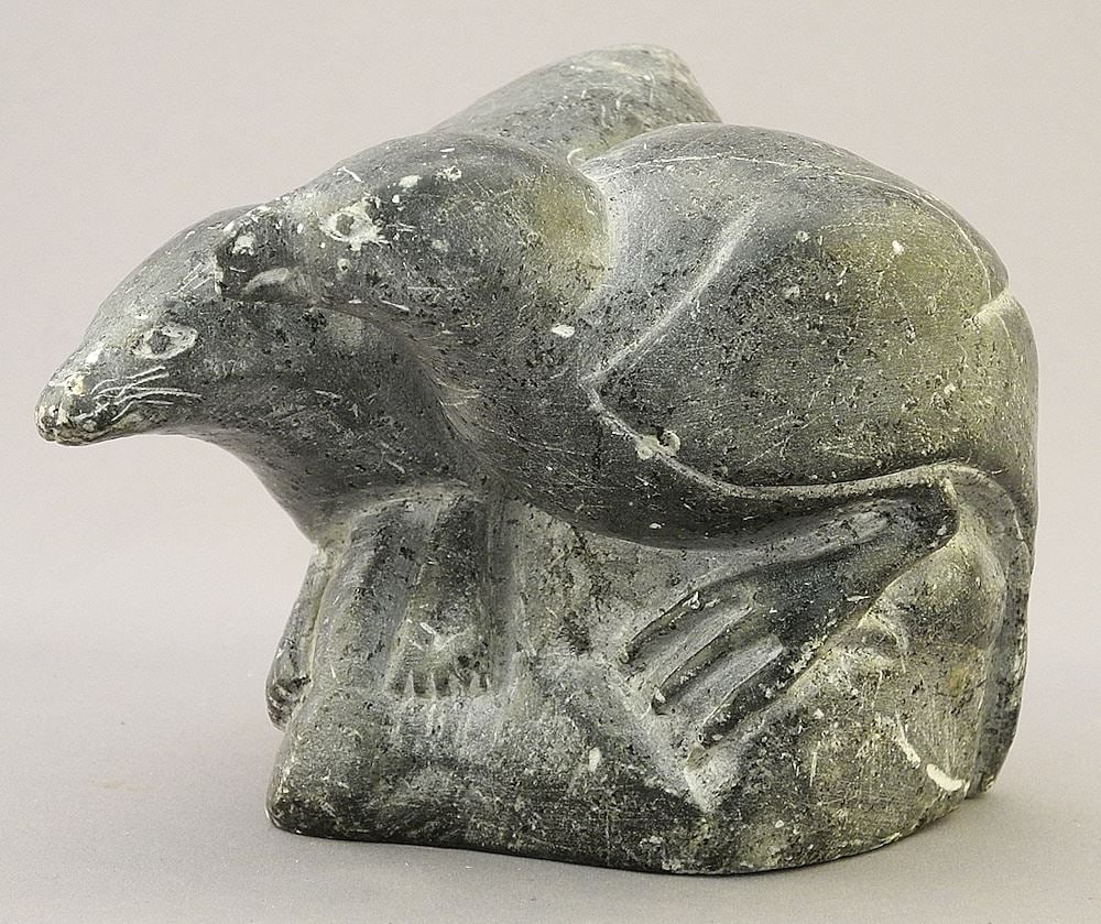 Inuit Stone Sculpture signed Henry 759, 3 5/8" x 4 5/8" x 4 3/4", "Animal & Bird". (1 of 4)