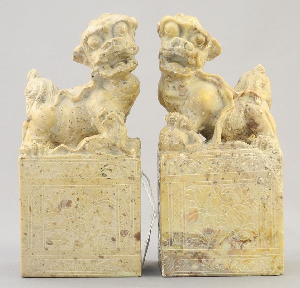 Pair of Chinese Softstone Buddhist Lion Dogs, 6 3/8"h.: Pair of Chinese Softstone Buddhist Lion Dogs, 6 3/8"h.
