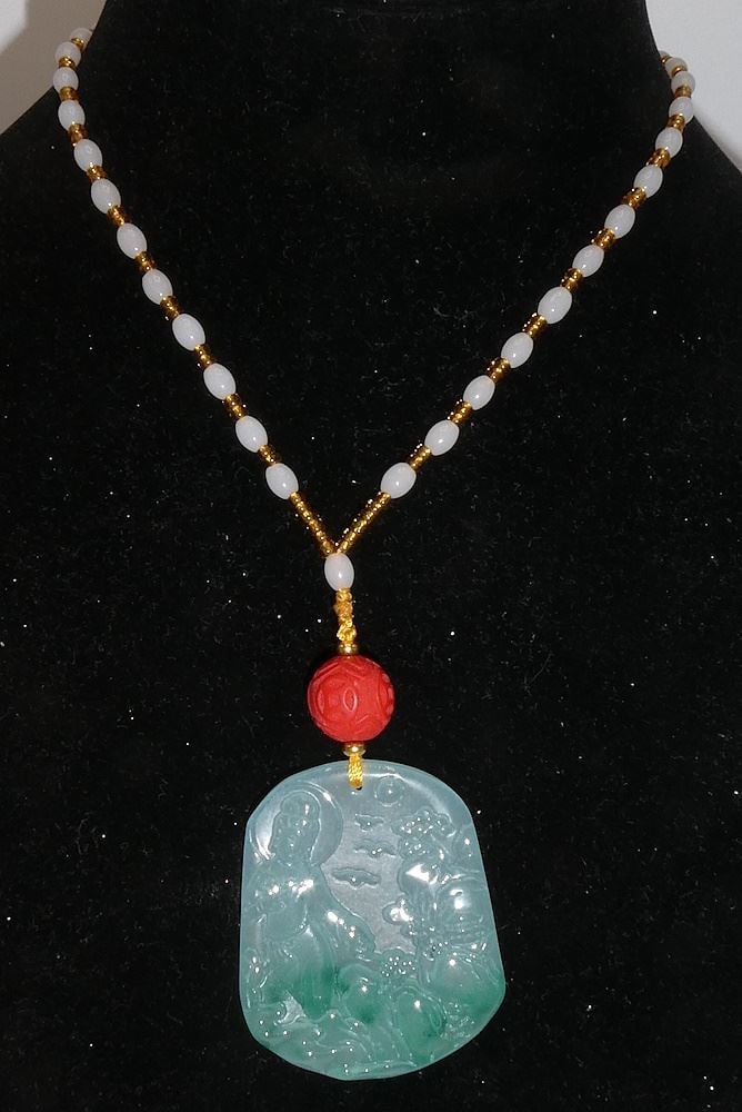 Sino-Tibetan Turquoise Necklace / Ritual Necklace / Burmese Spinach Jadeite Pendant, 32", 28": Sino-Tibetan Turquoise Necklace / Ritual Necklace / Burmese Spinach Jadeite Pendant, 32", 28"