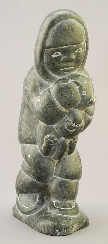 Inuit Stone Figure with Puppy signed with Syllabics & Eskimo Art Label, 9"h. (1 of 4)