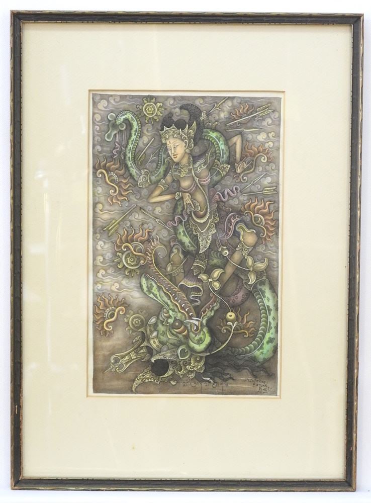 Balinese Watercolour signed JMD Cekeg Batuan Bali, 9 1/2" x 6", "Deity & Garuda".: Balinese Watercolour signed JMD Cekeg Batuan Bali, 9 1/2" x 6", "Deity & Garuda".
