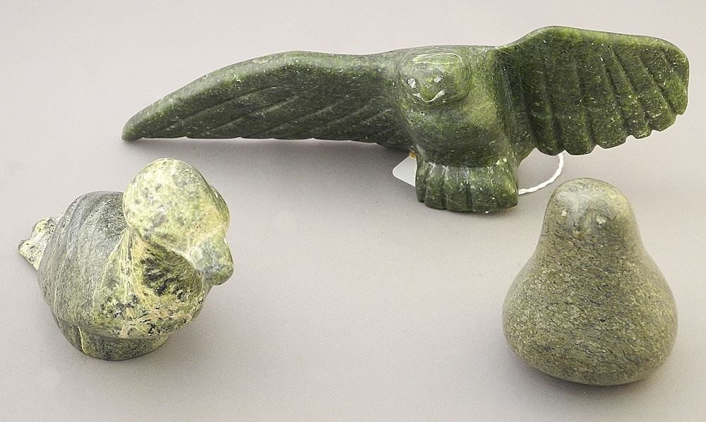3 Inuit Hardstone Carvings: 2 Owls & Duck, 9". (1 of 3)