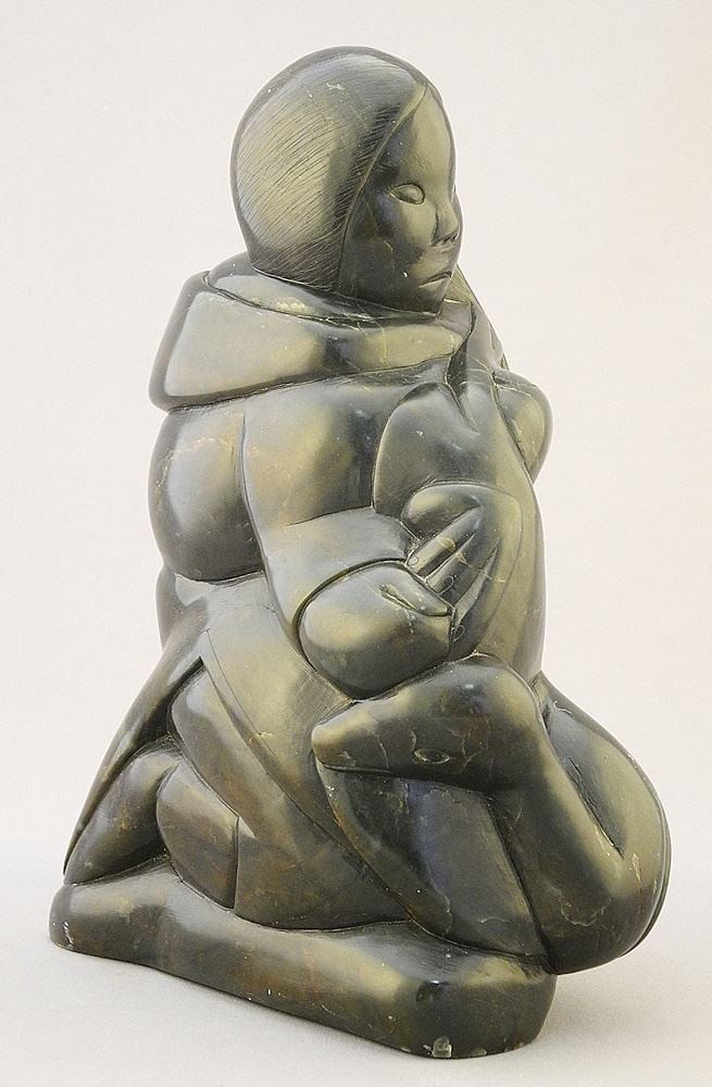 Inuit Sculpture signed Sampson Kingalik, 9" x 6" x 3", "Woman with Goose".: Inuit Sculpture signed Sampson Kingalik, 9" x 6" x 3", "Woman with Goose".