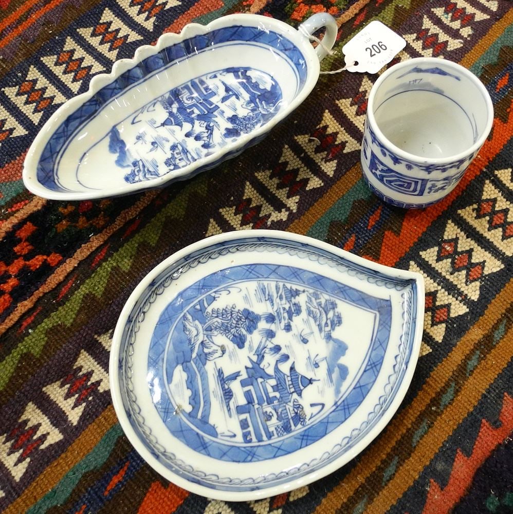 3 Asian Blue & White Dishes: Japanese Cup / Export Dish / Sauce Boat, 3/8" - 2 3/4"h. (1 of 1)