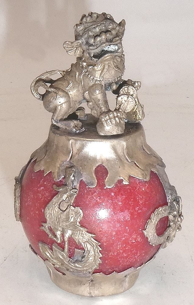 Spinach Jadeite Inlaid Snuff Bottle, 2 1/4"h & Foo Dog Lion Paper Weight, 3"h. (1 of 4)
