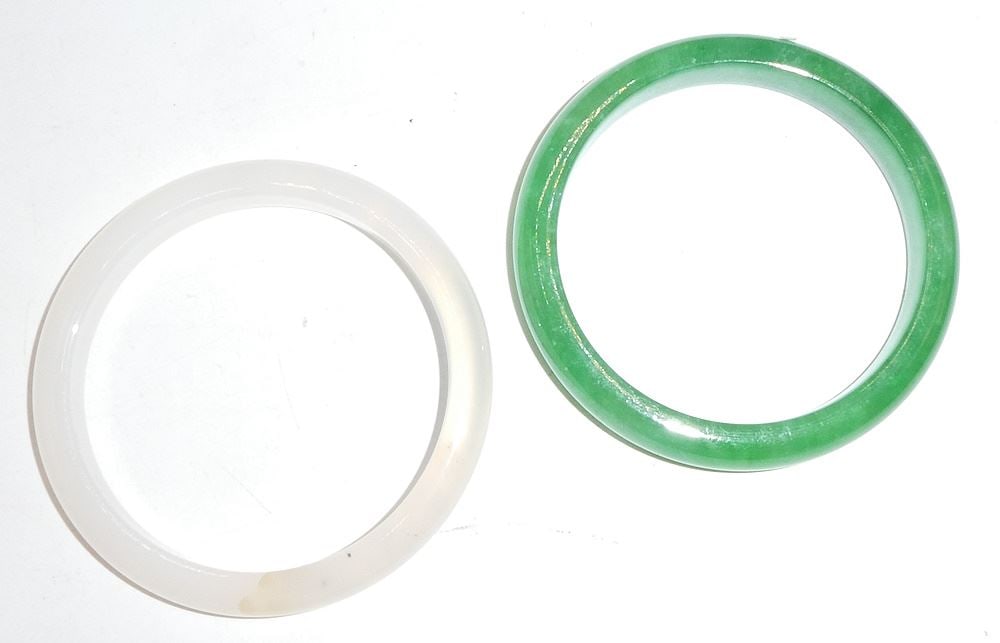 Green Jadeite Bangle & Agate Bangle, 2 3/4" Diameter. (1 of 2)