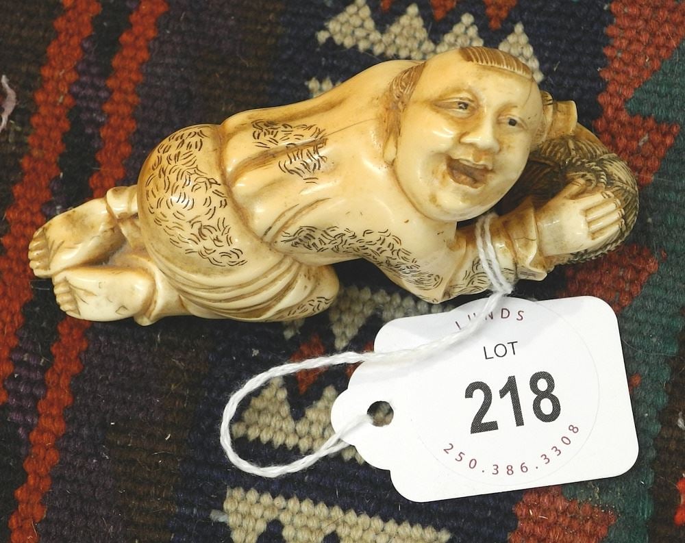 Japanese Okimono of a Laughing Young Boy, 1 5/8" x 3 1/2" x 1 1/4", NO EXPORT. (1 of 2)