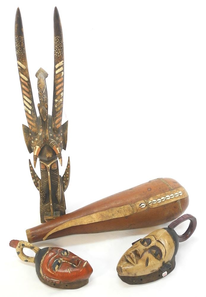 3 African Masks & a Gourd Container, 13" - 31 1/2"h. (1 of 4)