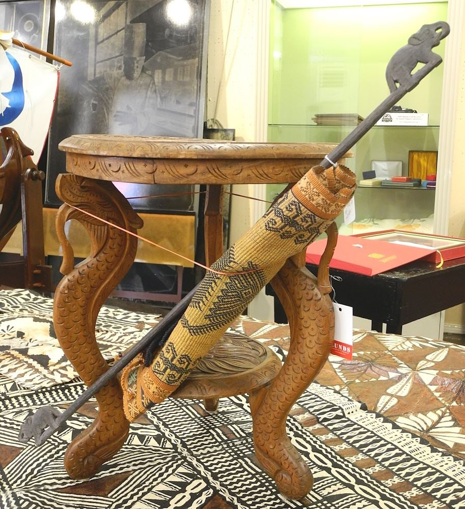 Southeast Asian Carved Teak Tripod Table (18 1/2"h) & Sumba Ikat Panel, 48"h.: Southeast Asian Carved Teak Tripod Table (18 1/2"h) & Sumba Ikat Panel, 48"h.