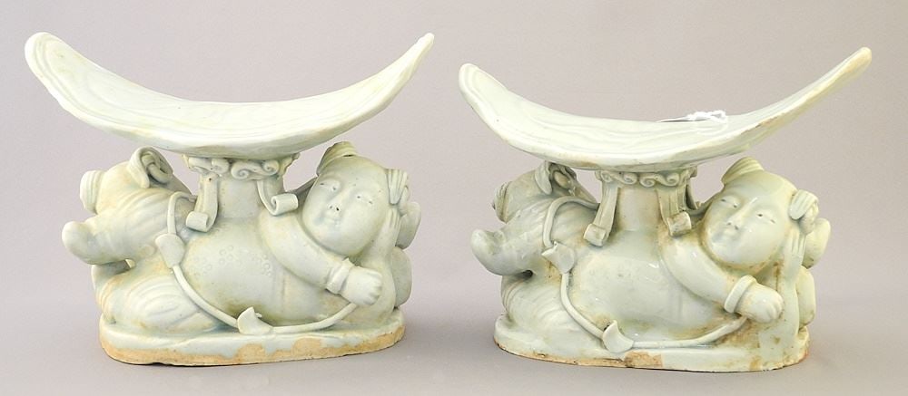 Pair of Qingbai Glaze Porcelain Pillows, 5 3/4" x 7 7/8" x 4 5/8". (1 of 2)