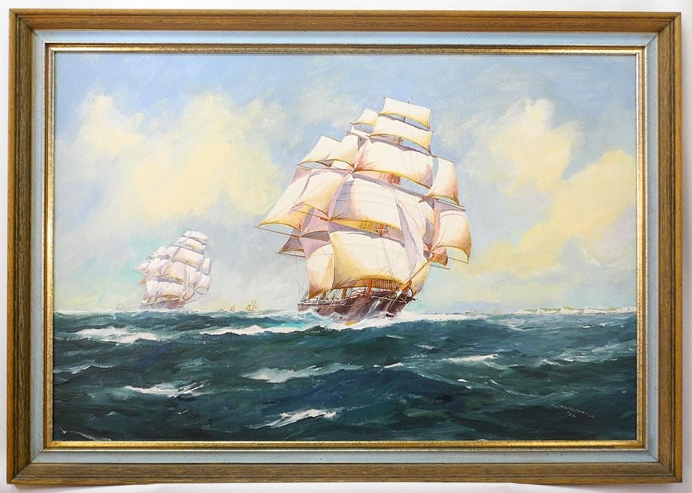 Oil on Board signed J. (Jack) W. Hardcastle 1971, 24" x 36", "The Great Tea Race of 1866".: Oil on Board signed J. (Jack) W. Hardcastle 1971, 24" x 36", "The Great Tea Race of 1866".