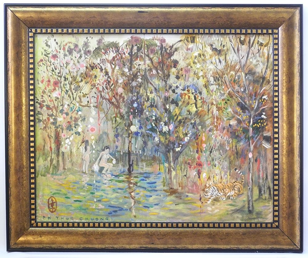 Oil on Board signed PH (Pham) Thuc Chuong, 16" x 20", "Nude Bathers & Tiger".: Oil on Board signed PH (Pham) Thuc Chuong, 16" x 20", "Nude Bathers & Tiger".