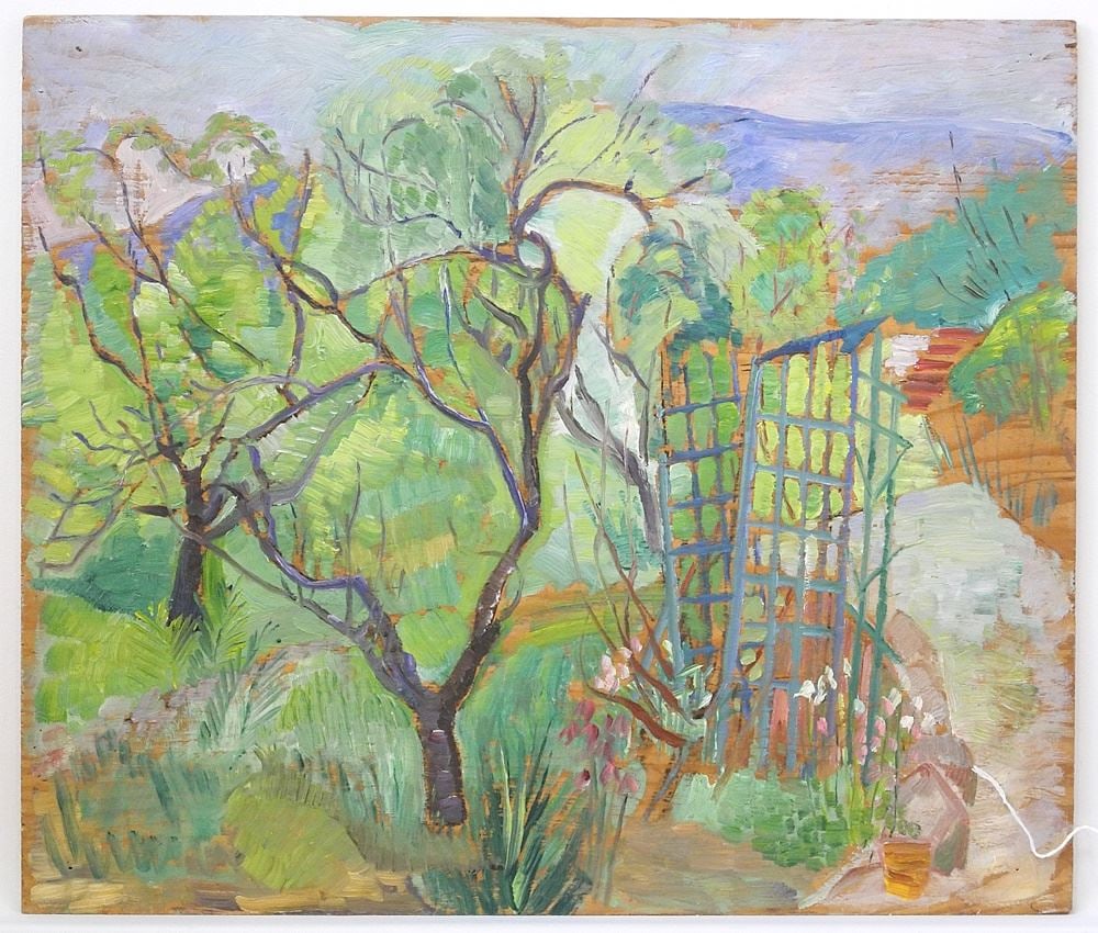 Double Sided Oil on Panel signed Irene Hoffer Reid, 15 3/4" x 18 1/2" , "Boats at Wharf" & "Tree (1 of 2)