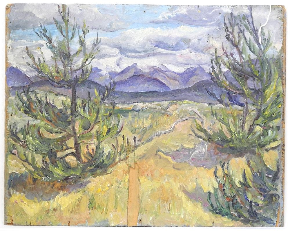 Double Sided Oil on Panel signed Irene Hoffer Reid 1936, 11 7/8" x 15", "Trees" & "Cabin".: Double Sided Oil on Panel signed Irene Hoffer Reid 1936, 11 7/8" x 15", "Trees" & "Cabin".