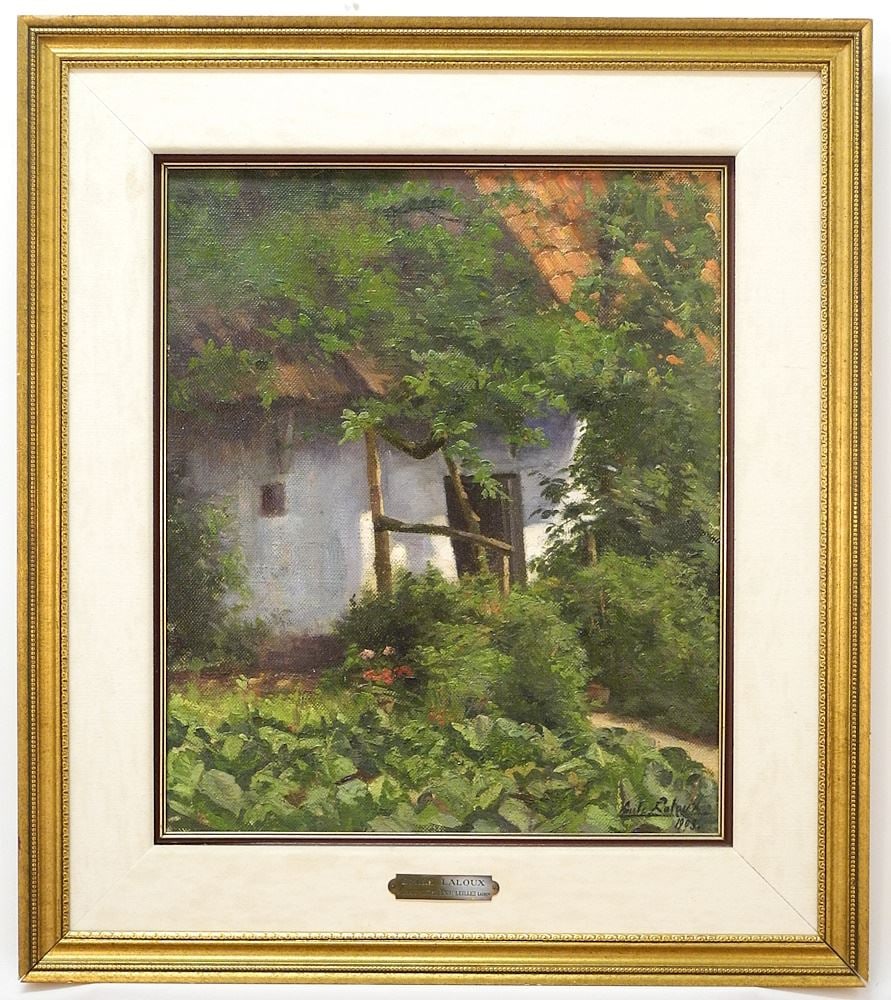 Oil on Linen signed Emile Laloux 1903, 21 1/4" x 17 3/4", "Chaumiere Ensoleillee". (1 of 6)