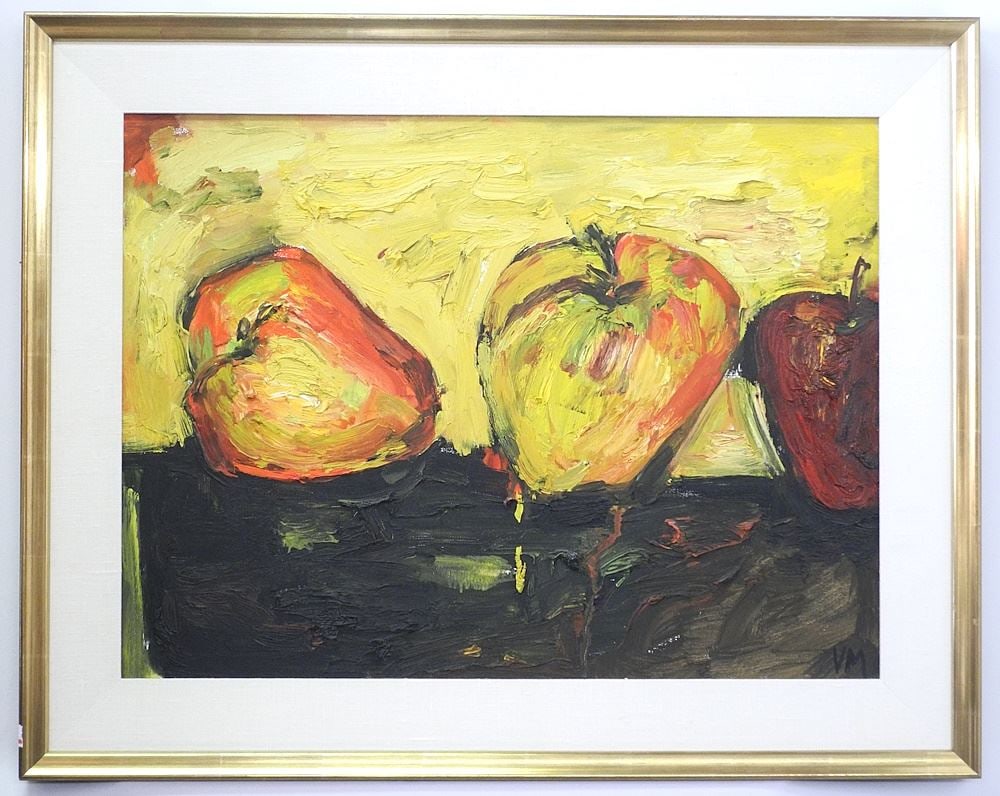 Oil on Canvas signed VM (Vicky Marshall), 18" x 24", "Three Apples": Oil on Canvas signed VM (Vicky Marshall), 18" x 24", "Three Apples"