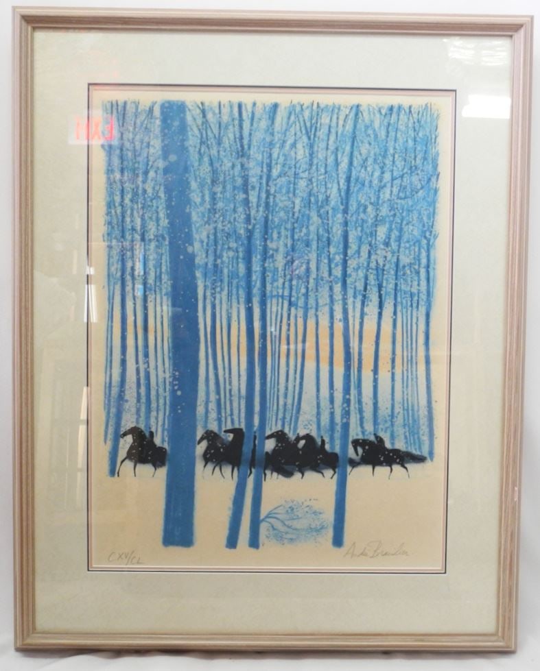Lithograph signed Andre Brasilier, 26 7/8" x 20", "La Foret Bleue".: Lithograph signed Andre Brasilier, 26 7/8" x 20", "La Foret Bleue".