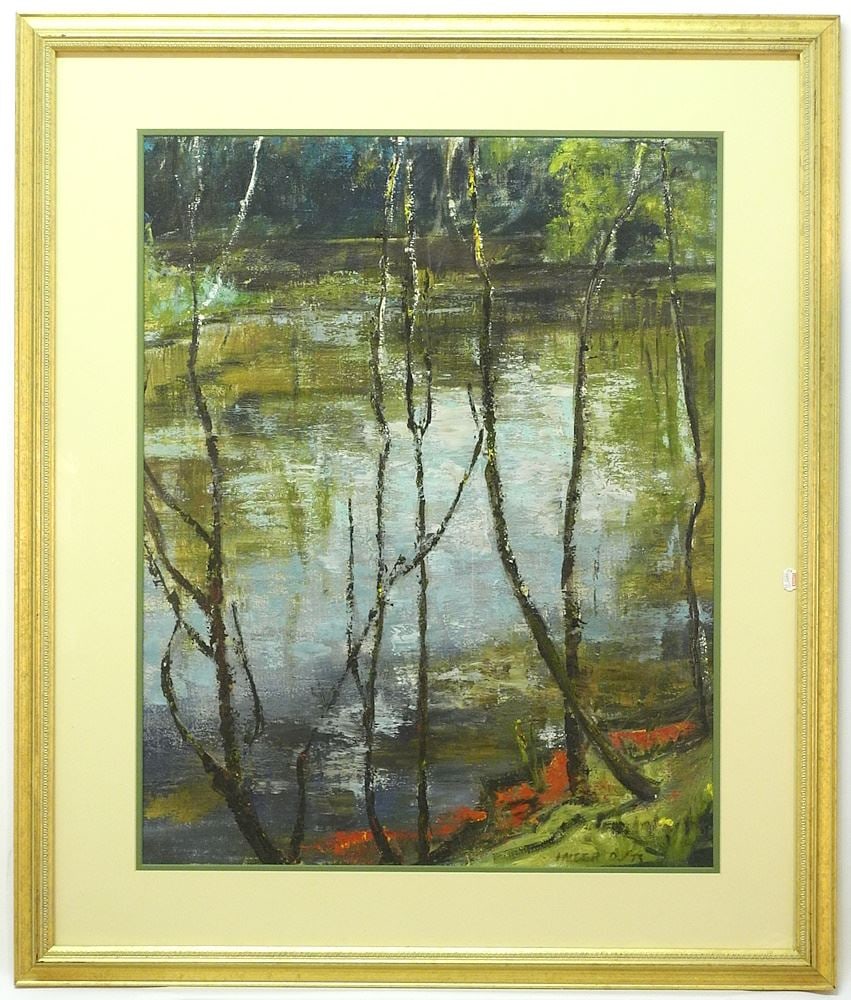 Oil on Paper signed Inger D./73 (DeCoursey), 26" x 21", "Untitled Trees at Ponds Edge". (1 of 5)