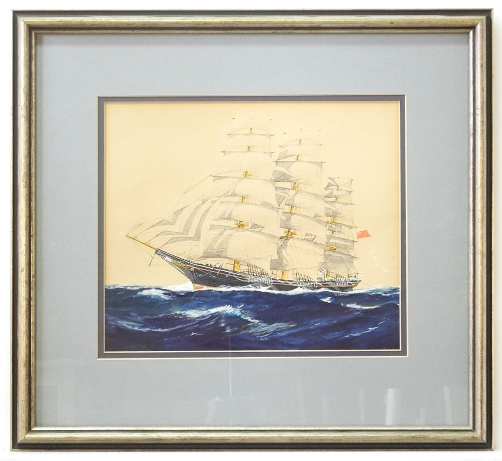 Watercolour & Gouache signed J. (Jack) Hardcastle '31, 9 1/8" x 11", "Tall Ship".: Watercolour & Gouache signed J. (Jack) Hardcastle '31, 9 1/8" x 11", "Tall Ship".