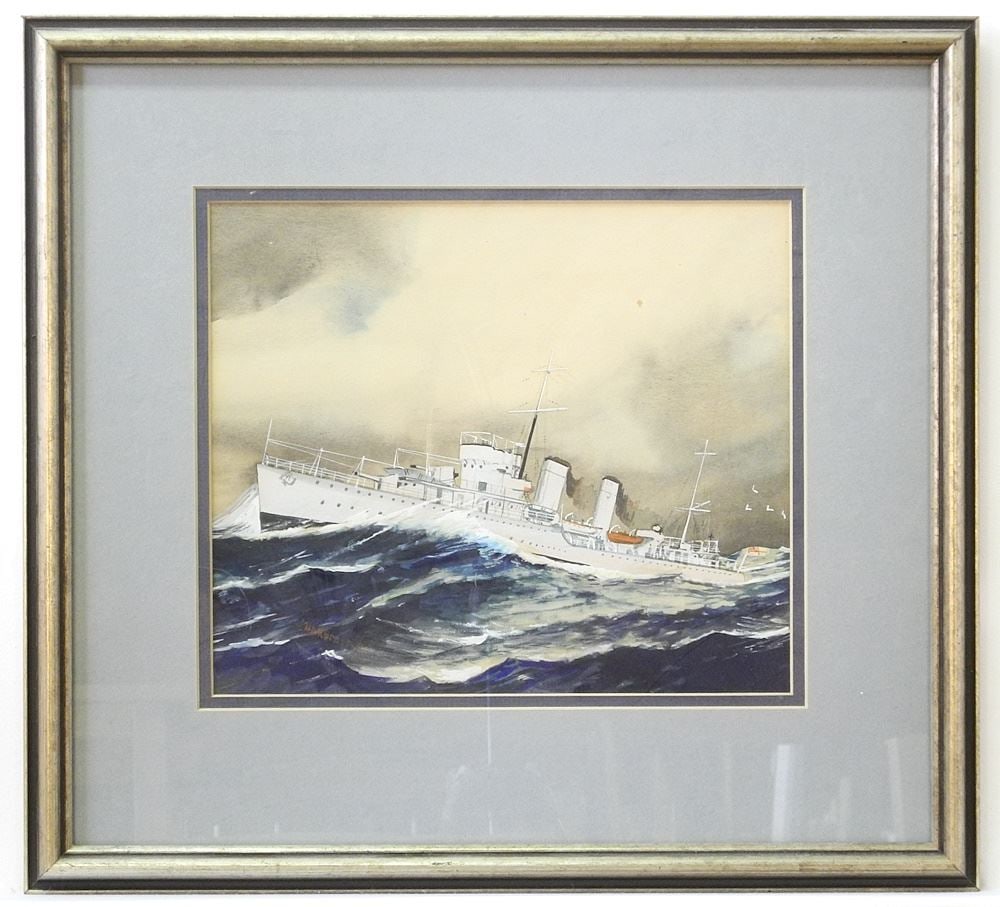 Watercolour & Gouache signed J. (Jack) Hardcastle '31, 9 1/8" x 10 3/4", "Minesweeper".: Watercolour & Gouache signed J. (Jack) Hardcastle '31, 9 1/8" x 10 3/4", "Minesweeper".