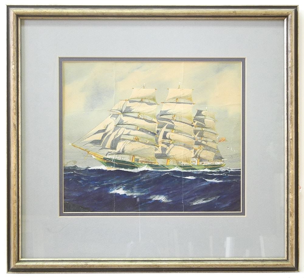 Watercolour & Gouache signed J. (Jack) Hardcastle '31, 9 1/8" x 10 3/4", "Tall Ship" (creasin (1 of 5)