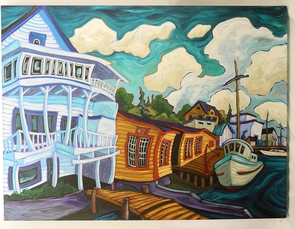 Acrylic on Canvas signed Fred Peters , 36" x 48", "Cow Bay".: Acrylic on Canvas signed Fred Peters , 36" x 48", "Cow Bay".