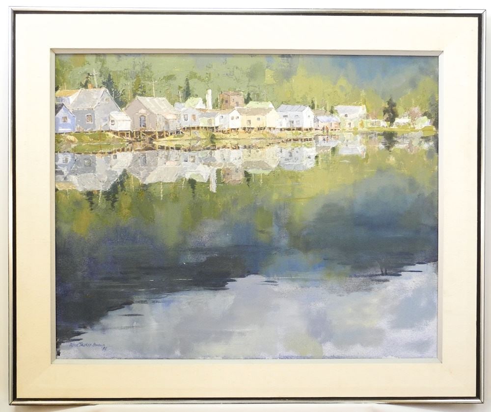 Oil on Canvas signed Alan Tasker Brown'88, 24" x 30", "Coastal Fishing Village".: Oil on Canvas signed Alan Tasker Brown'88, 24" x 30", "Coastal Fishing Village".