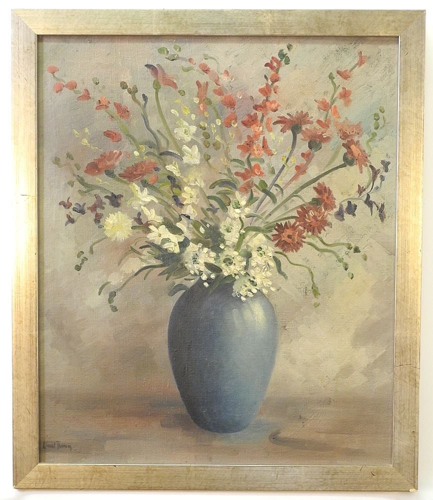 Oil on Canvas signed Lionel Thomas, 23 3/8" x 19 3/8", "Still Life with Turquoise Vase". (1 of 4)