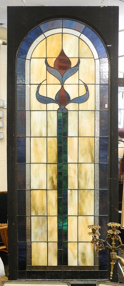 Leaded Glass Panel in Frame, TH 65 1/2"h (cracks noted).: Leaded Glass Panel in Frame, TH 65 1/2"h (cracks noted).