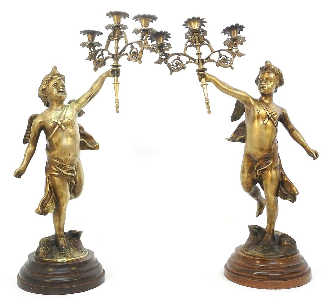Pair of Bronze Putti Candelabra, 27 3/4"h (loose arm noted). (1 of 6)