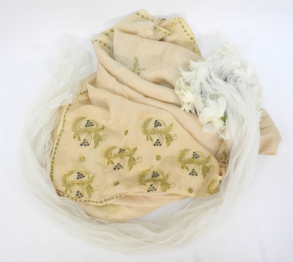 Antique Wedding Crown & Veil & Antique Large Hand Embroidered Silk Panel (coverlet), 180" x 4 (1 of 1)