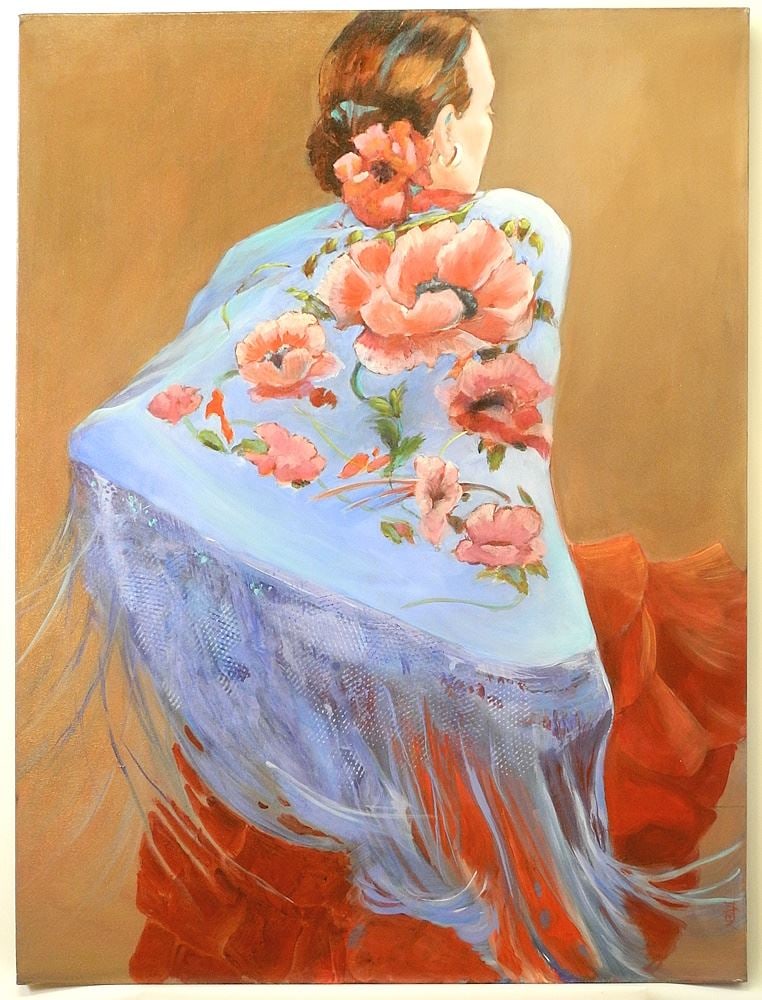 Acrylic on Canvas signed J. (Jean) Aten, 40" x 30", "Shawl of Poppies".: Acrylic on Canvas signed J. (Jean) Aten, 40" x 30", "Shawl of Poppies".