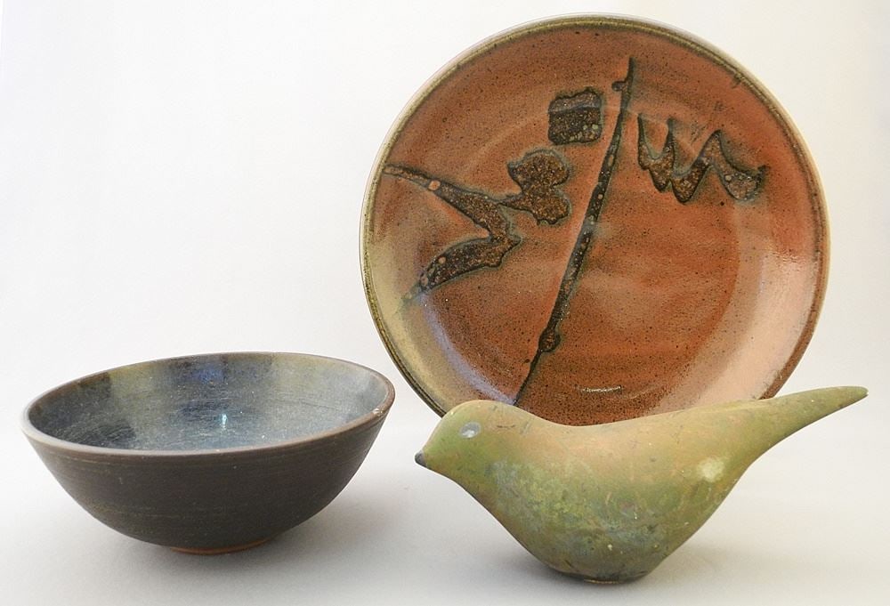 Stoneware Dish signed (Walter) Dexter (9 7/8" Diam.) with F. Hayman Bowl & Righton Bird (1 of 6)