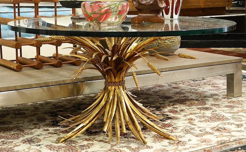 Italian Gilded Metal "Wheat Sheaf" Table with 36" Glass Top. (1 of 3)