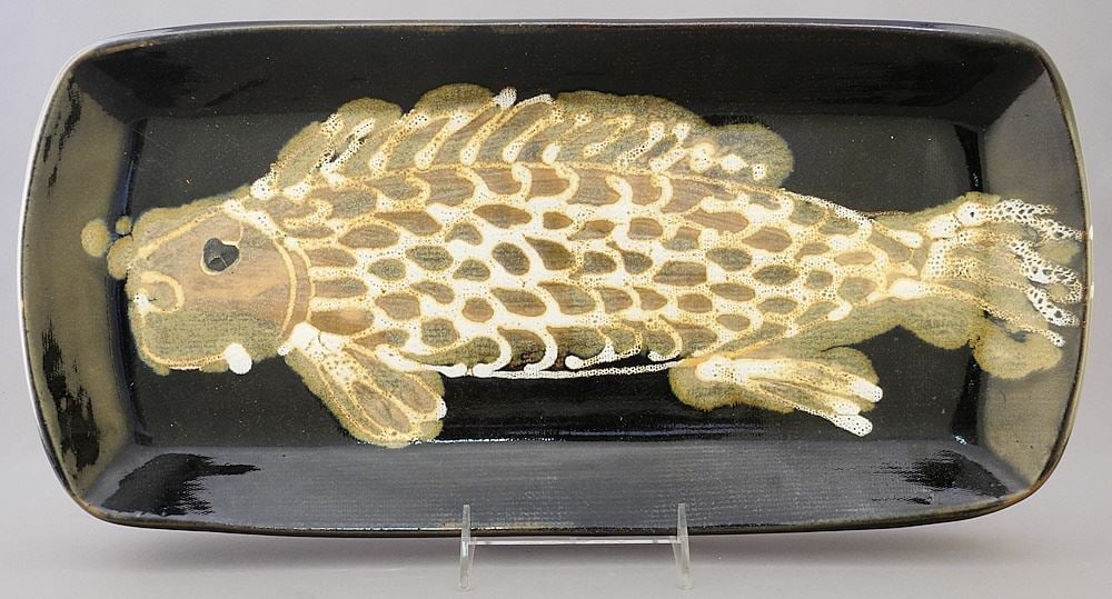 Porcelain "Fish" Dish Impressed Robin Hopper, 18 1/2"W.: Porcelain "Fish" Dish Impressed Robin Hopper, 18 1/2"W.