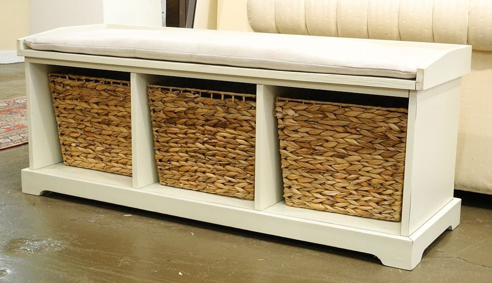Restoration Hardware Bench with Seagrass Baskets & Cushion, 50"w. (1 of 2)