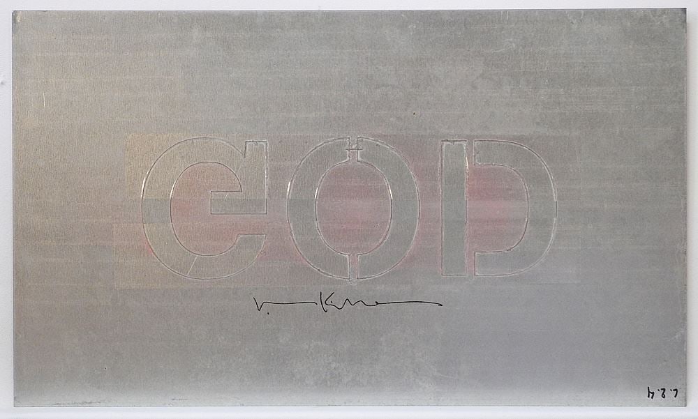 Metal Panel signed V. (Val) Kilmer, 12 1/2" x 20 1/8", "God". (1 of 2)