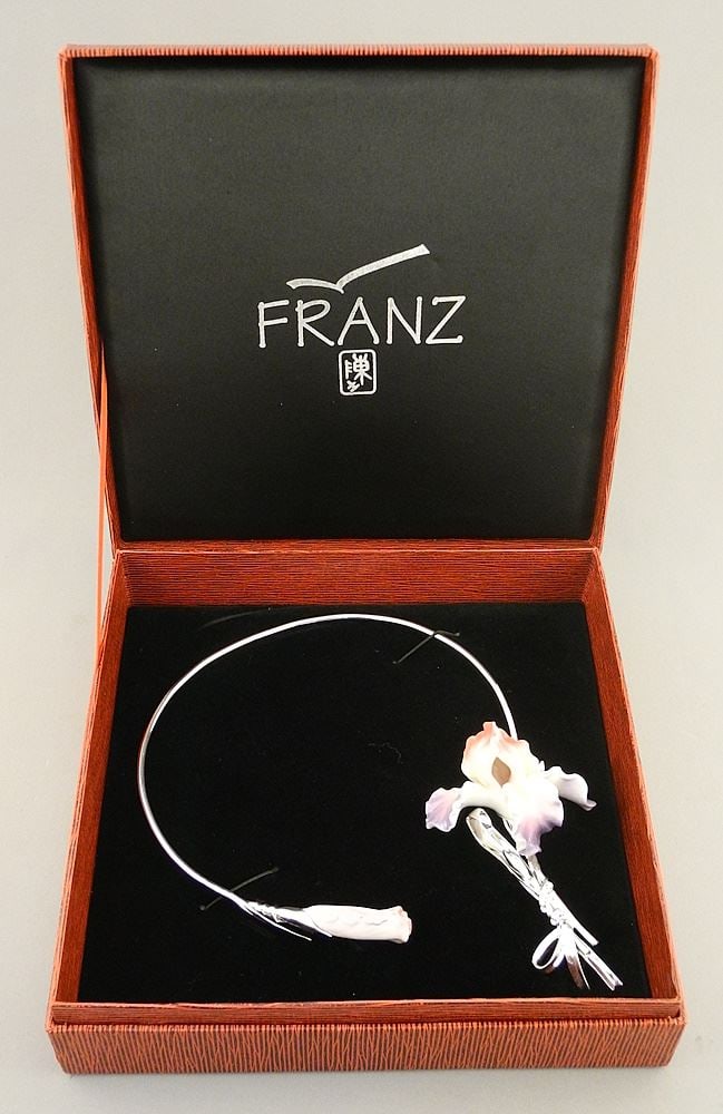 Franz Porcelain "Orchid" Necklace on Plated Neck Piece.: Franz Porcelain "Orchid" Necklace on Plated Neck Piece.