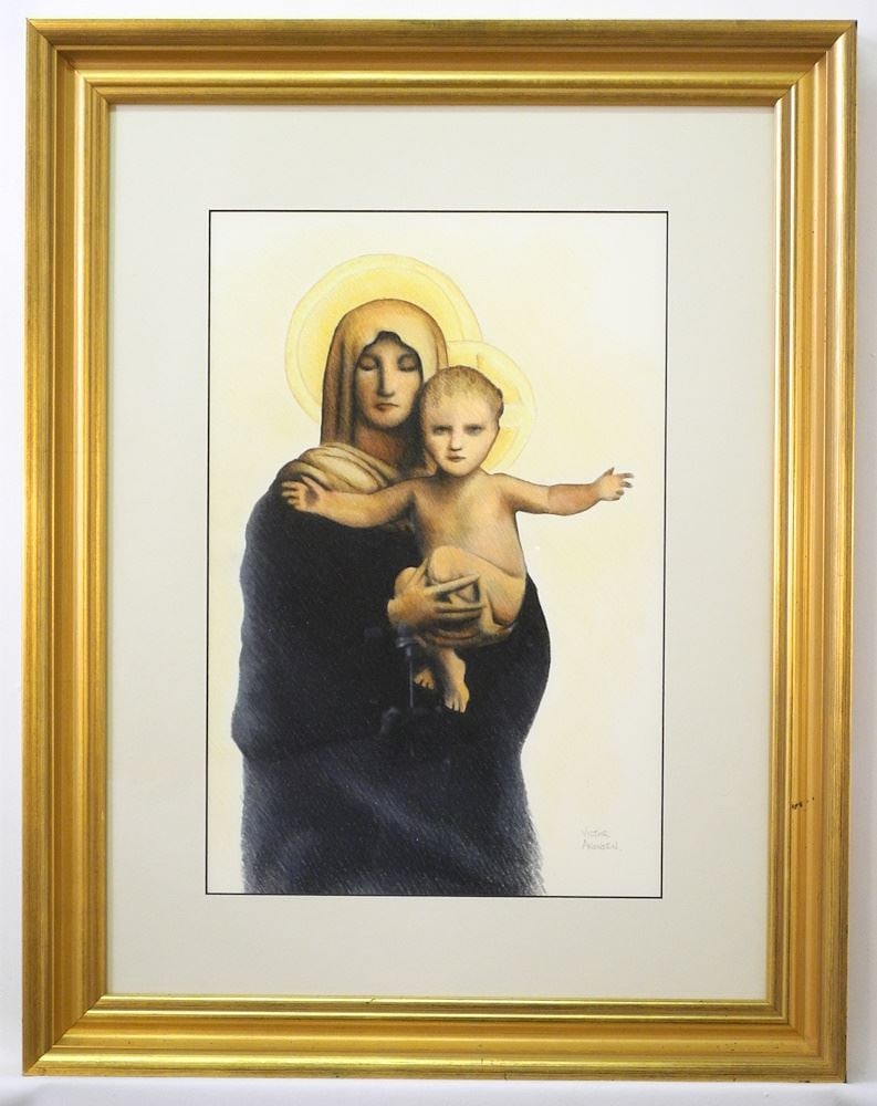 Mixed Media on Paper signed Victor Anonsen, 18" x 12", "Mary & Jesus". -: Mixed Media on Paper signed Victor Anonsen, 18" x 12", "Mary & Jesus". -