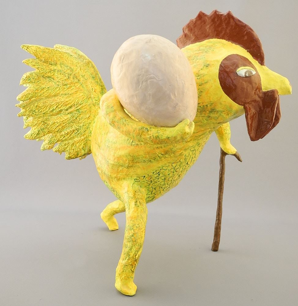 Papier Mache Sculpture by Denise Duncan, 11 1/2"h, "Chicken & Egg".: Papier Mache Sculpture by Denise Duncan, 11 1/2"h, "Chicken & Egg".